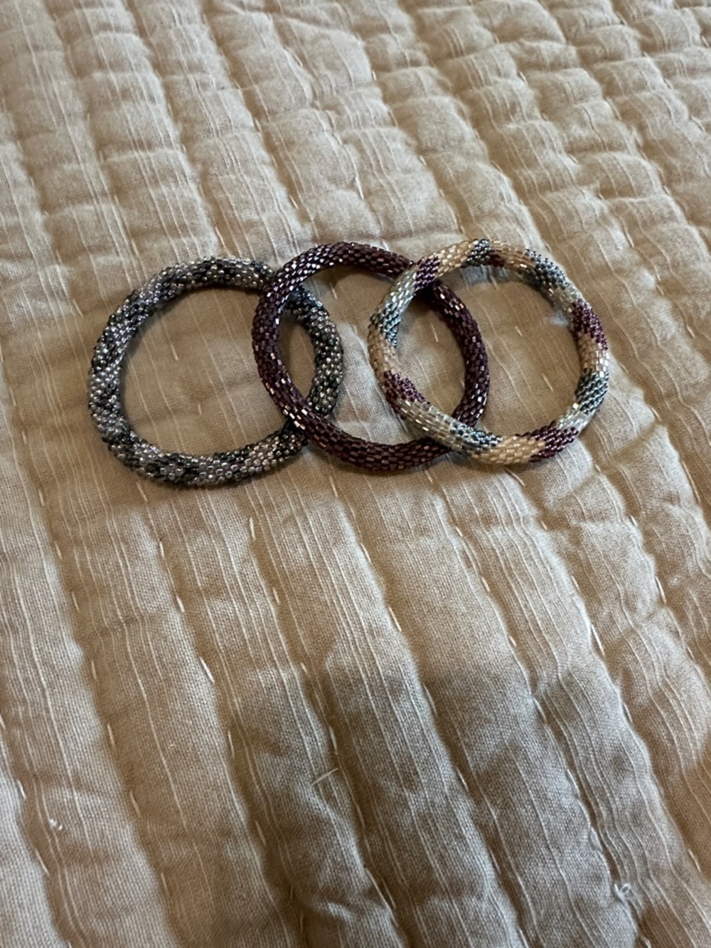 Beaded Stretch Bangle Bracelet Set - Purple, Silver, Ivory